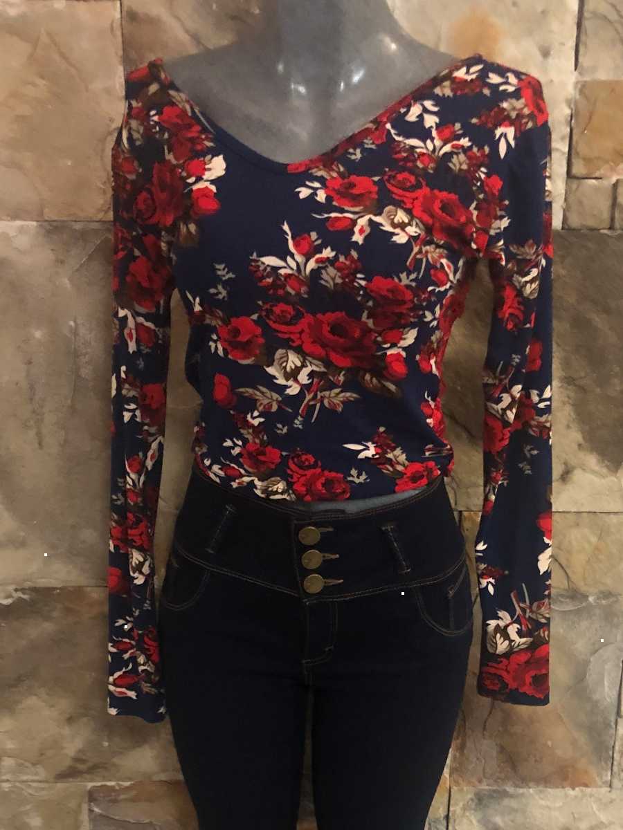 exposición Molesto O después Blusa azul marino con rosas rojas y manga larga – HHMarket